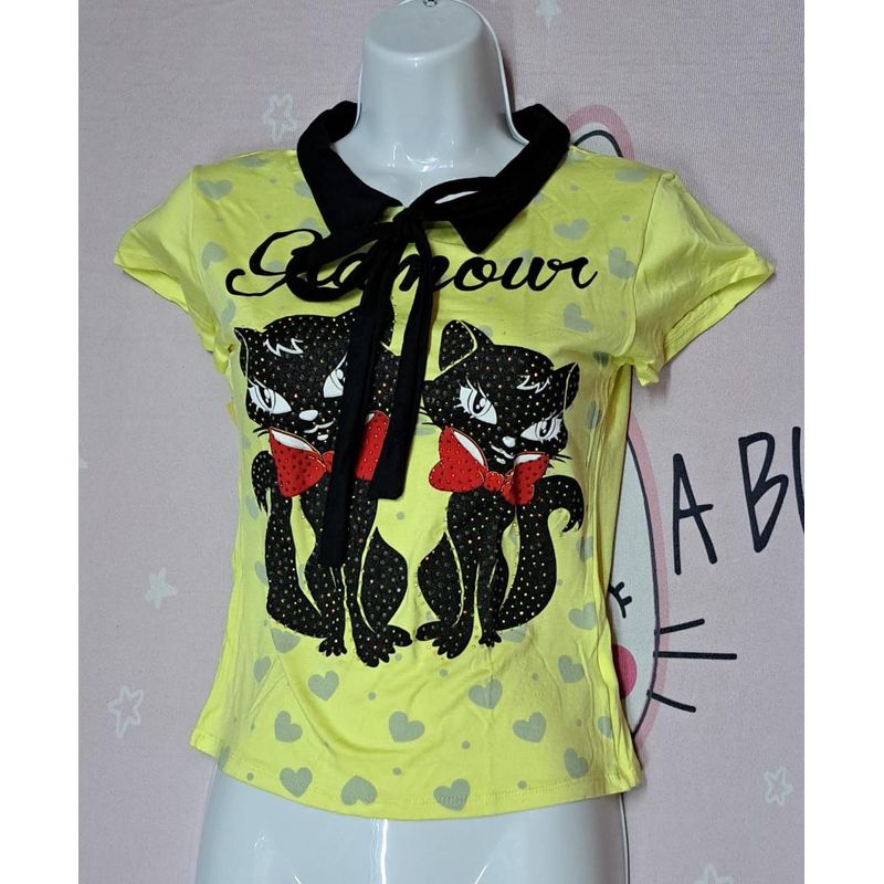 GENERICO - POLO ELEGANTE ALGODON ESTAMPADO 2 GATAS CUELLO   TALL S M Dealcoba.