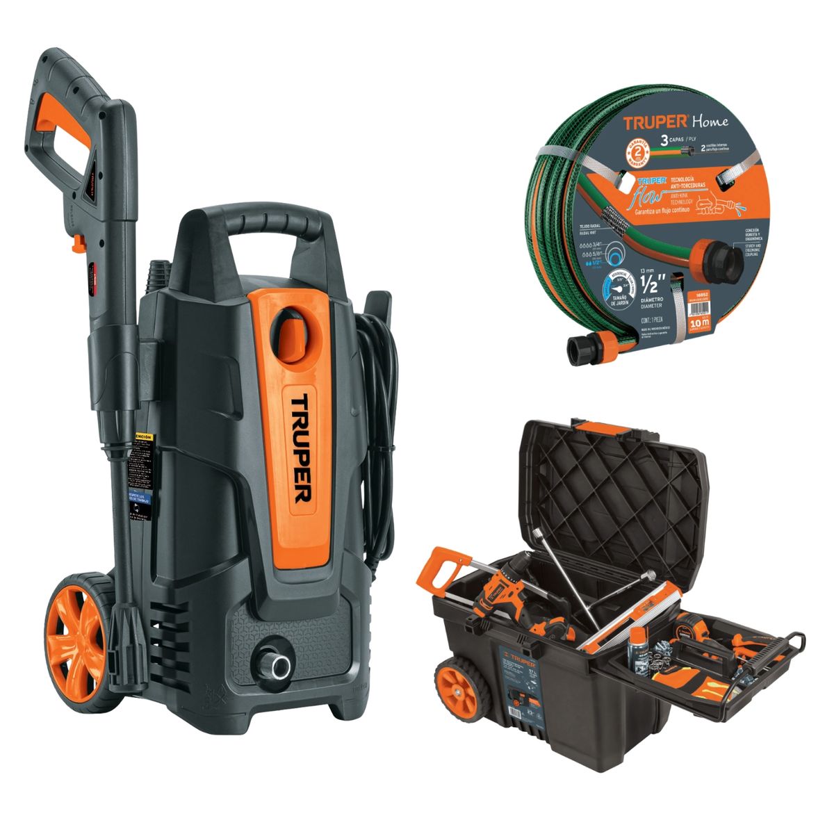 TRUPER - Hidrolavadora manguera 10m con caja de herramientas con ruedas Truper