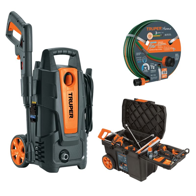 TRUPER - Hidrolavadora manguera 10m con caja de herramientas con ruedas Truper