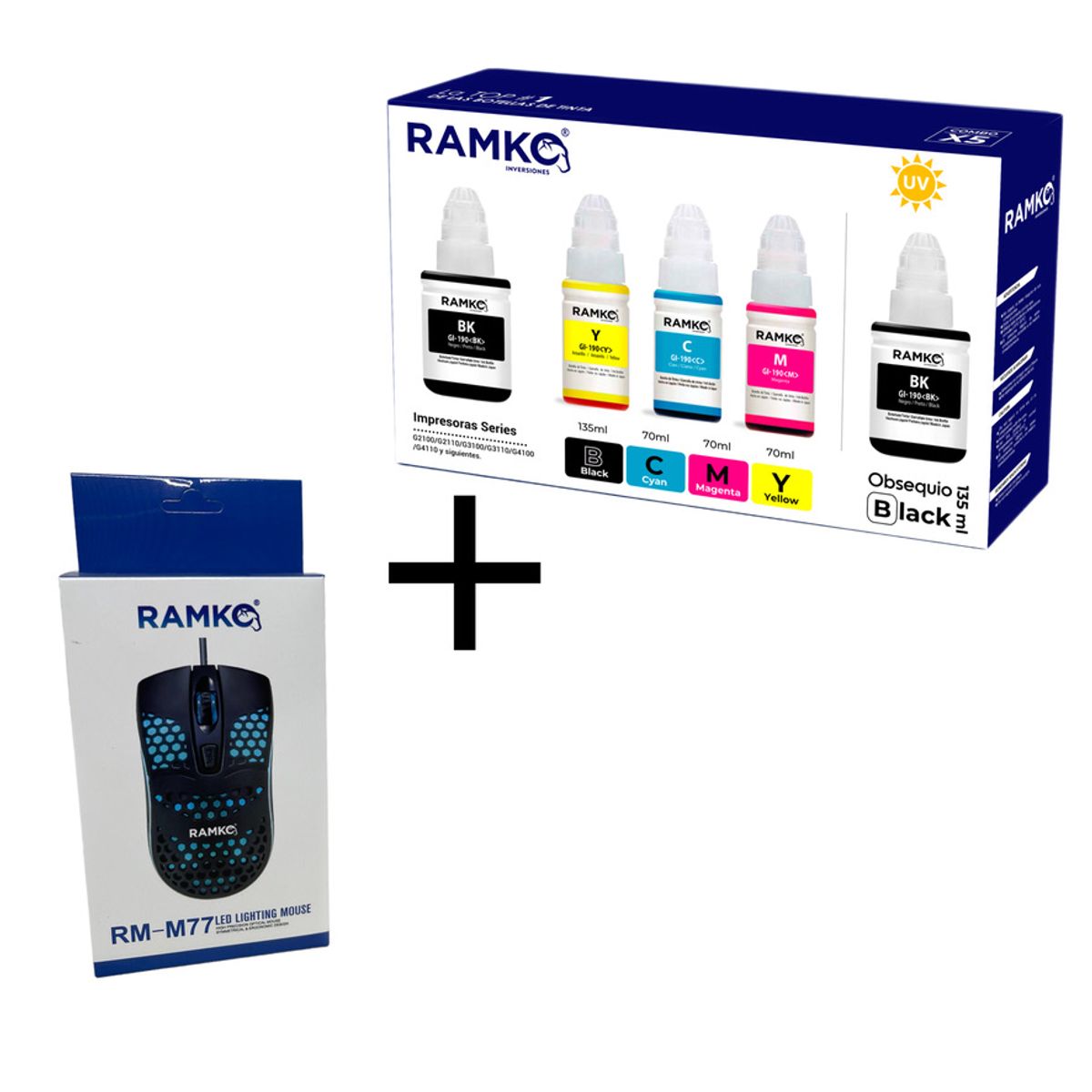 RAMKO - Pack de tinta compatible RAMKO GI190 + 1 tinta negra y un mouse gratis