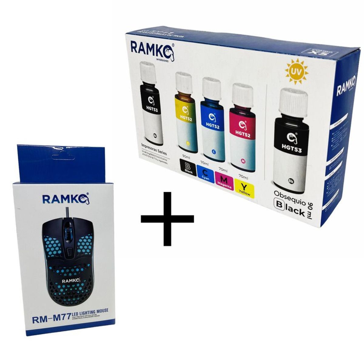 RAMKO - Pack de tinta compatible ramko gt52/gt53 + 1 tinta bk y mouse gratis