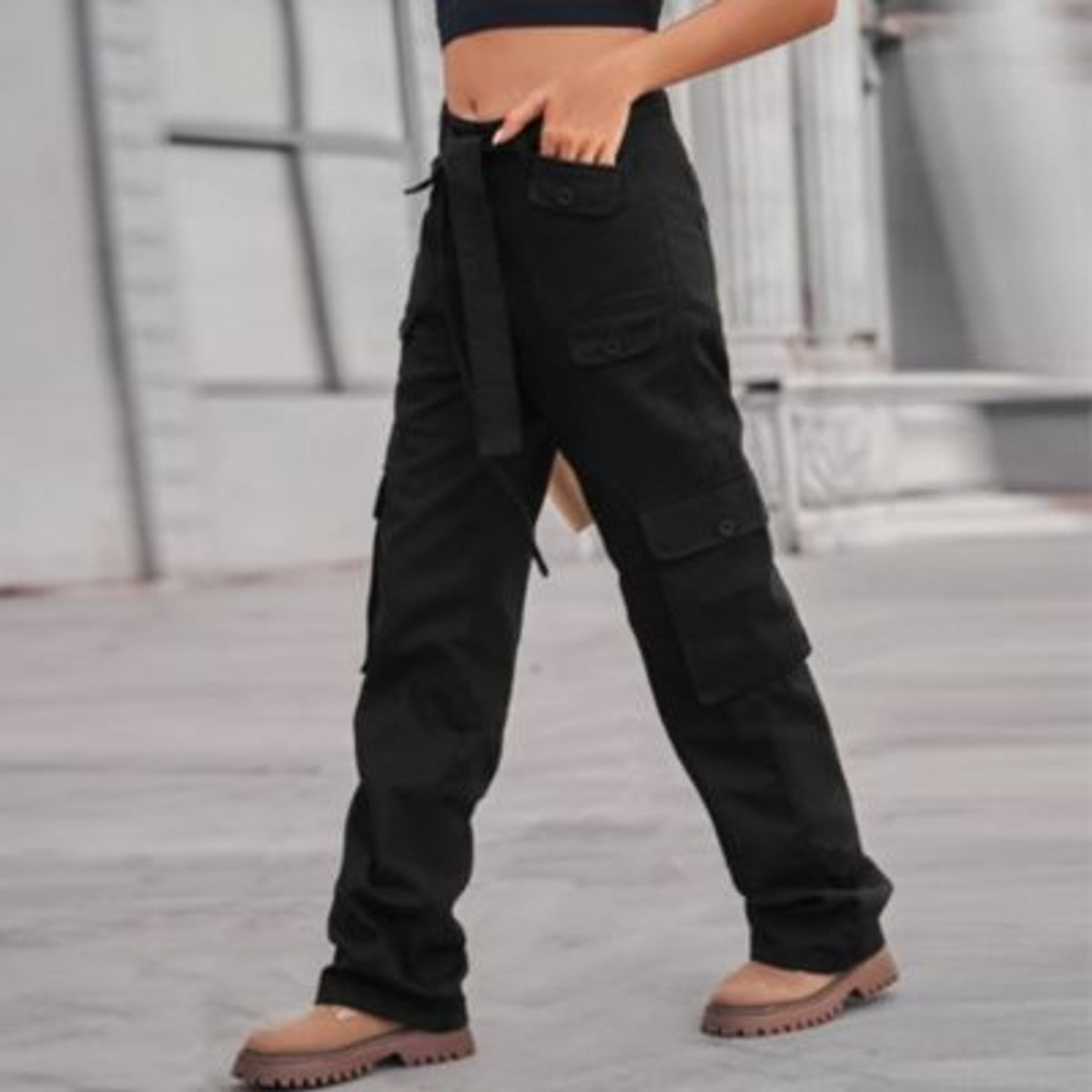 BLWOENS - Pantalones cargo elásticos de cintura alta para mujer - Negro