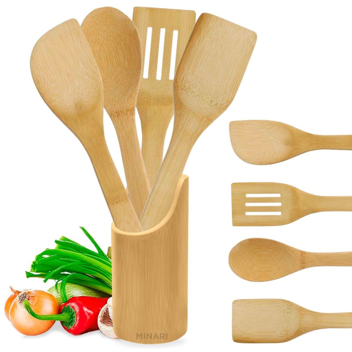 MINARI - Juego Utensilios de Madera para Cocina Cucharones de Bambú 5 PCS B49