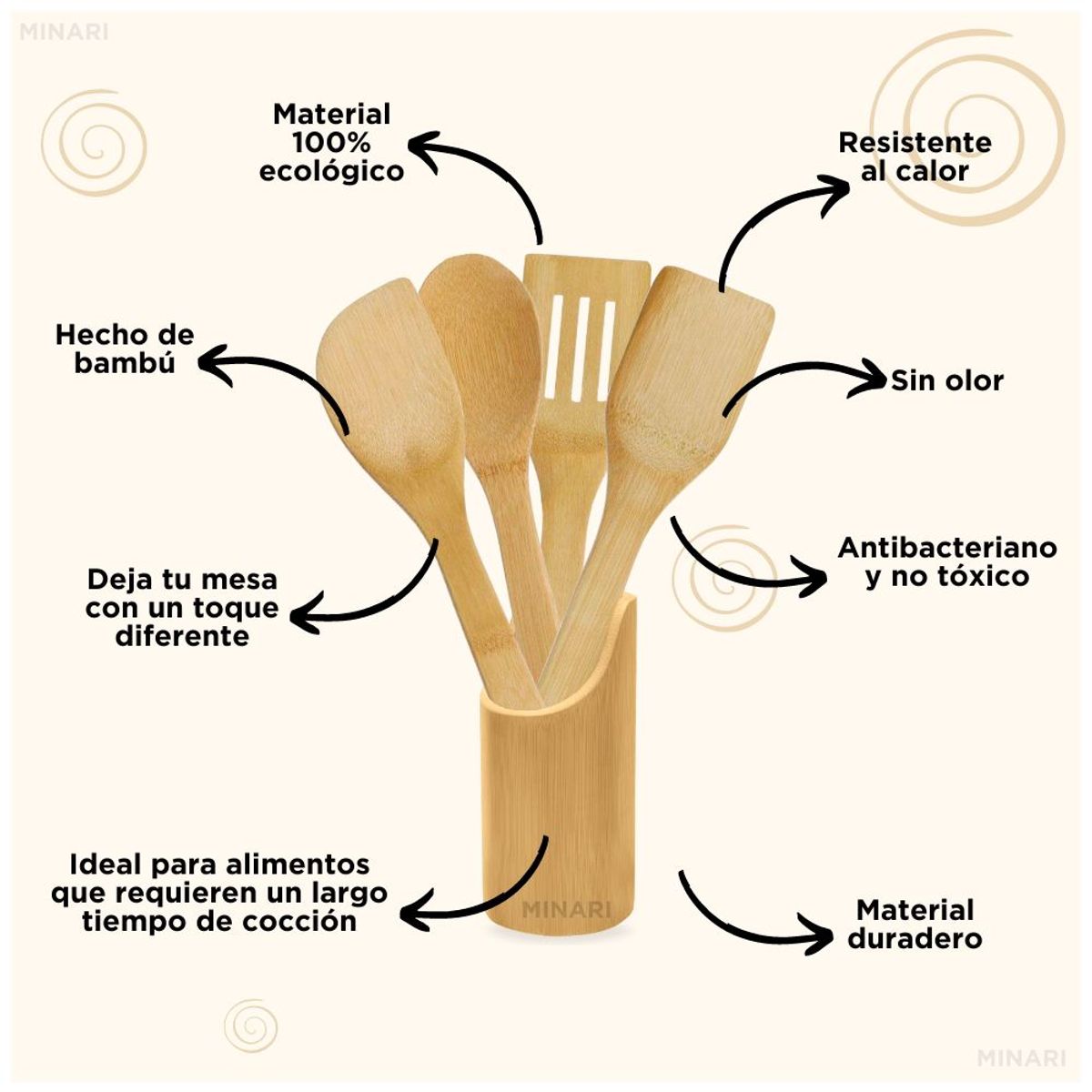 MINARI - Juego Utensilios de Madera para Cocina Cucharones de Bambú 5 PCS B49