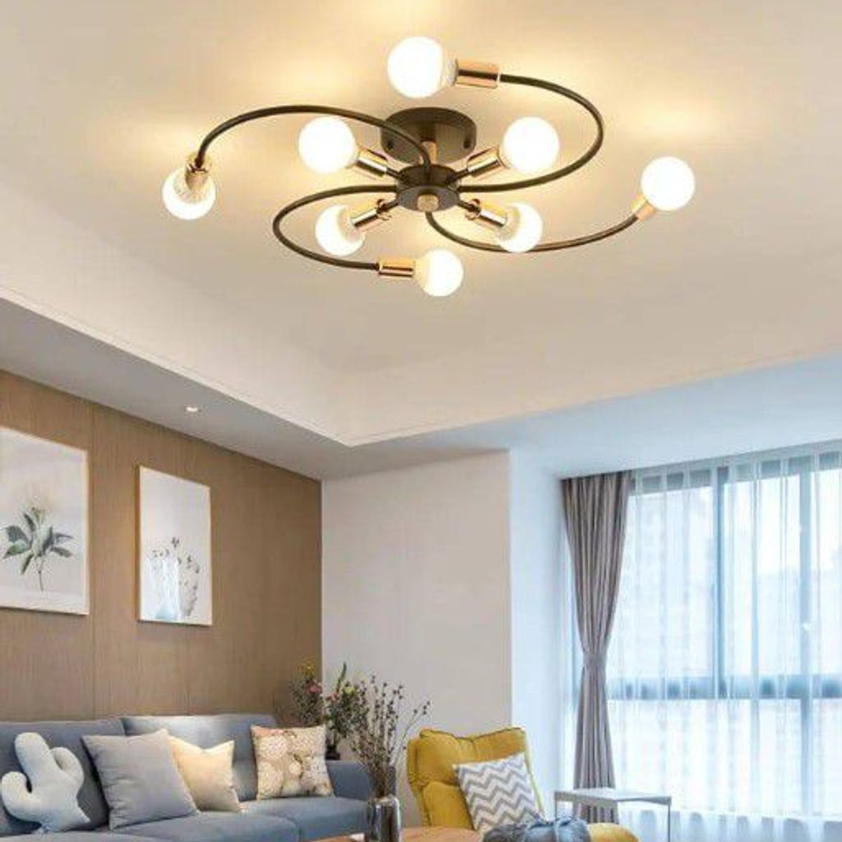 GENERICO - Lámpara colgante modelo flor color negro - Incluye ocho bombillas