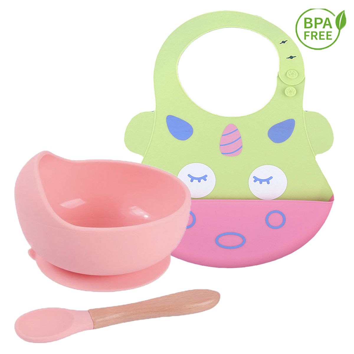 GENERICO - Pack Babero Unicornio con Cuenco rosa con cuchara para bebe