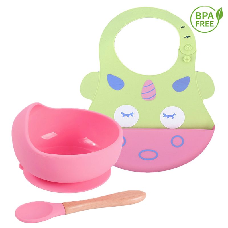 GENERICO - Pack Babero Unicornio con Cuenco rosa con cuchara para bebe