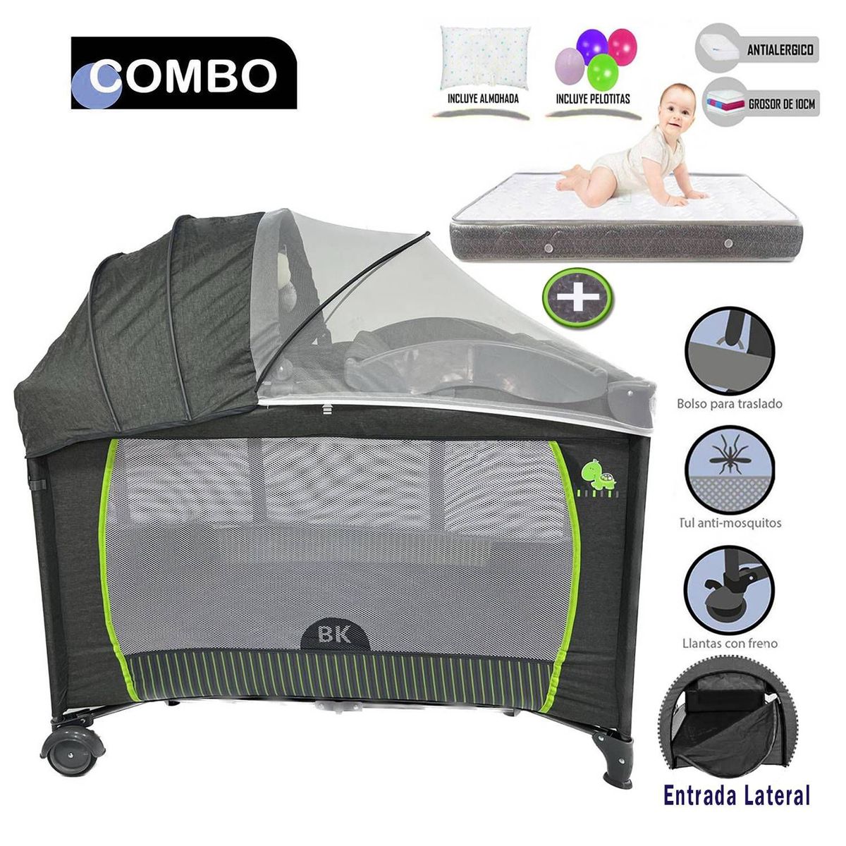 BABY KITS - Cuna Corral  Baby Kits Roma Gris Colchón 4" Gris