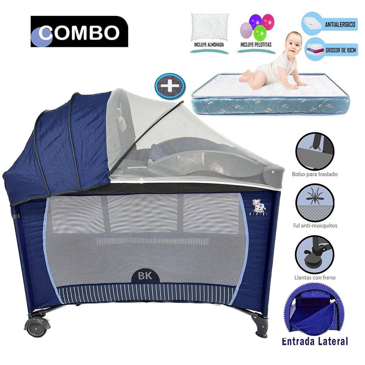 BABY KITS - Cuna Corral Baby Kits Roma Azul  Colchón de 4" Celeste