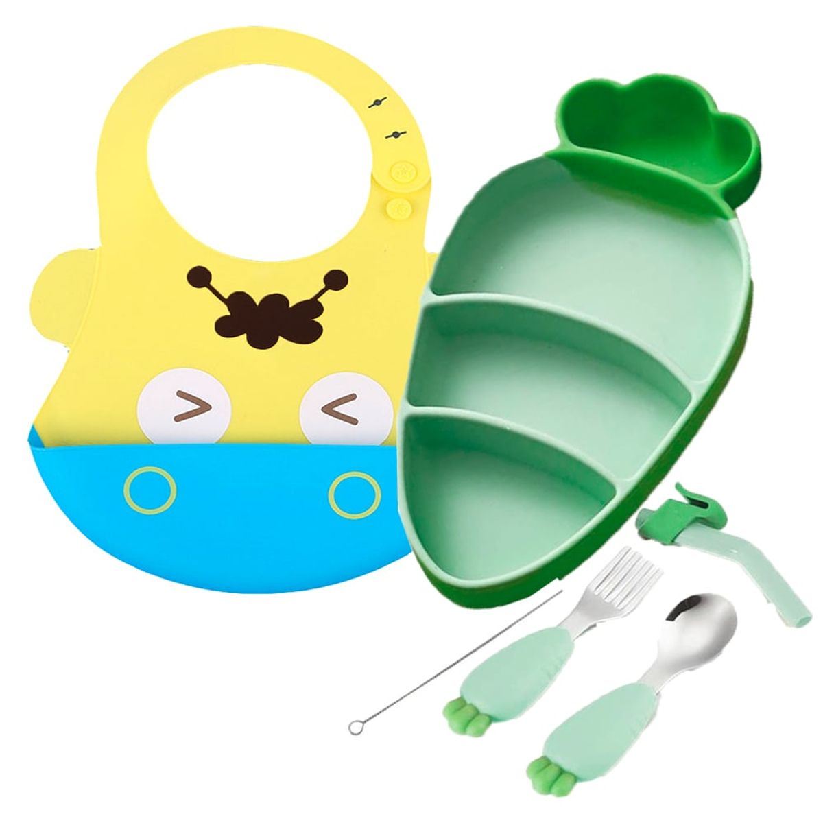 GENERICO - Pack Babero Hipo y Set Plato Zanahoria Verde para bebe