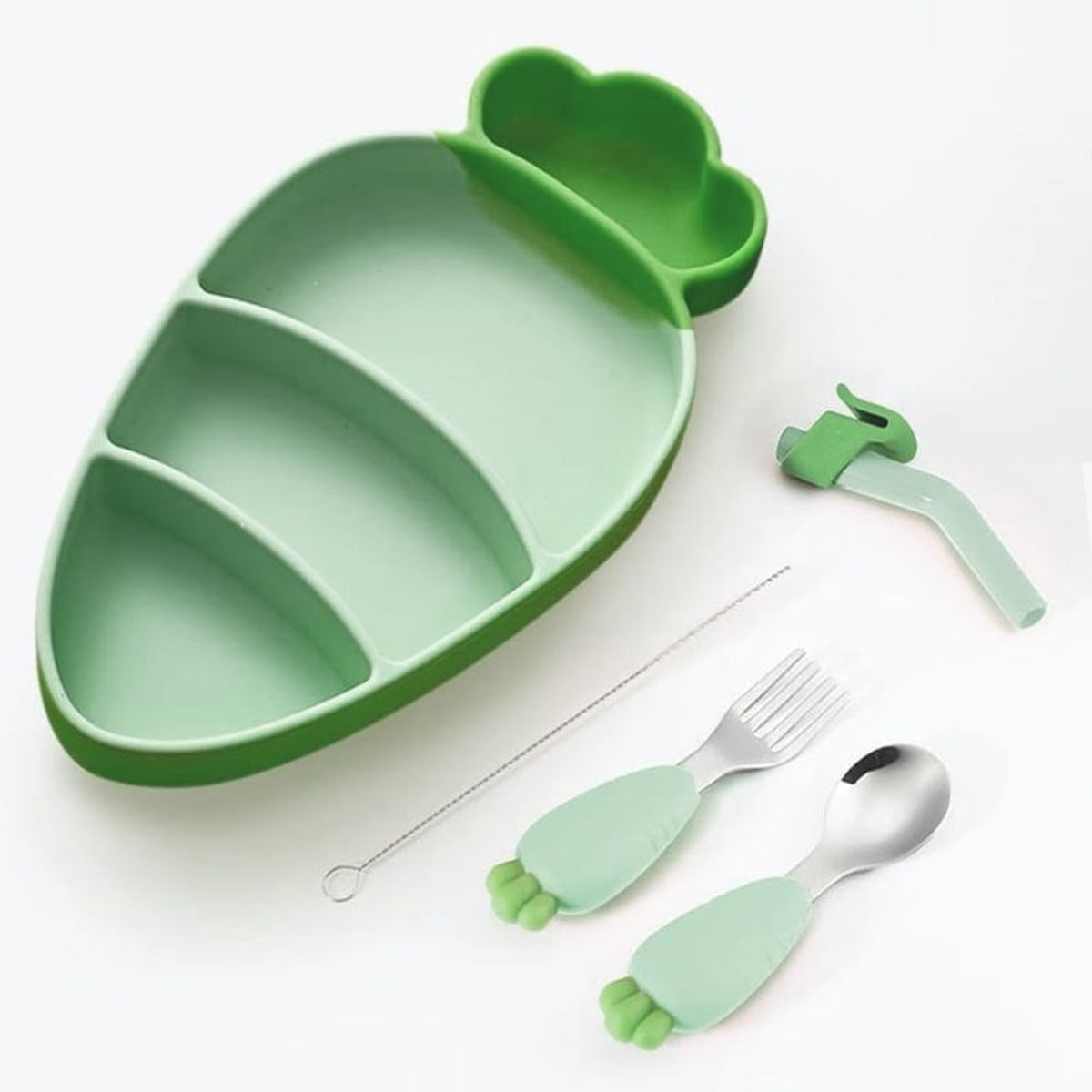 GENERICO - Pack Babero Hipo y Set Plato Zanahoria Verde para bebe