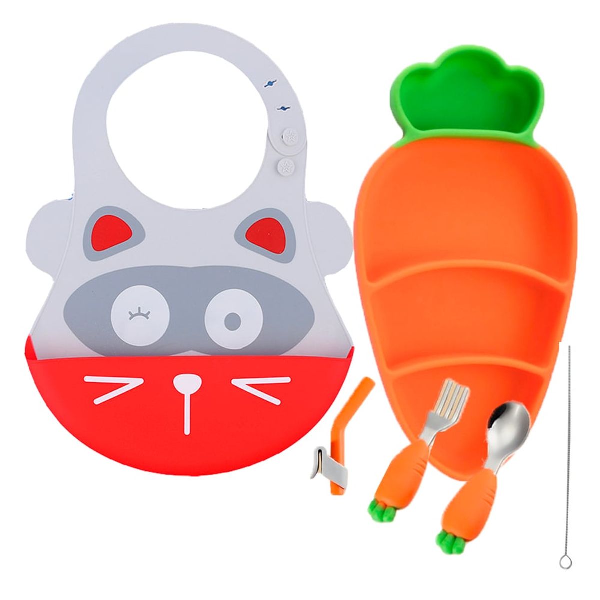GENERICO - Pack Babero Mapache y Set Plato Zanahoria Naranja para bebe