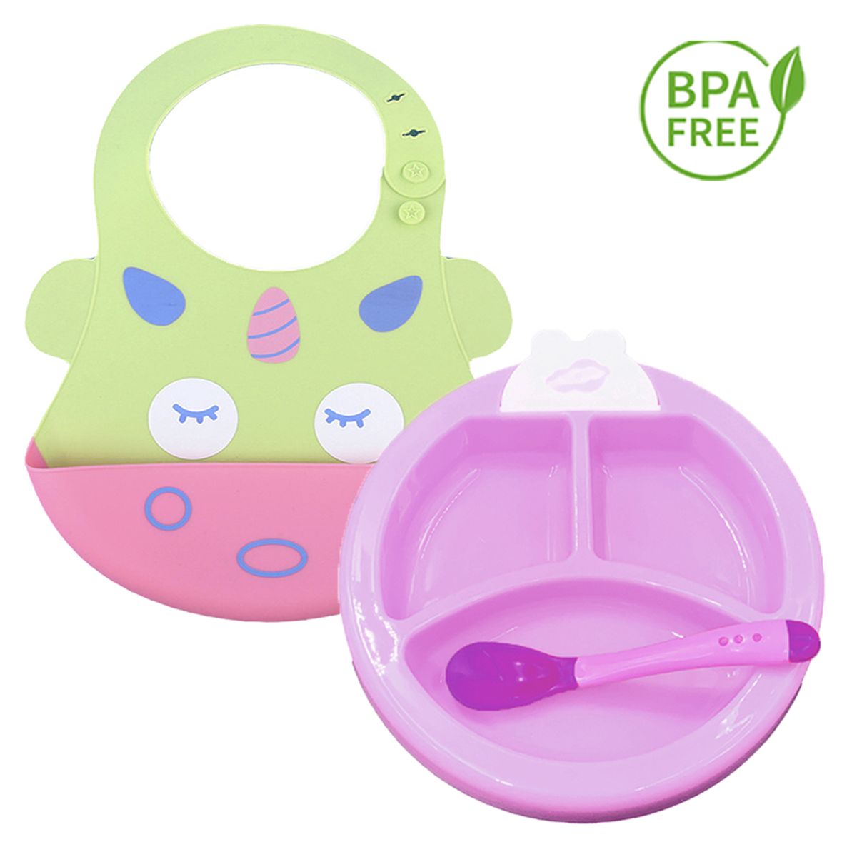 GENERICO - Pack Babero Unicornio y Set Plato Termico Fucsia para bebe