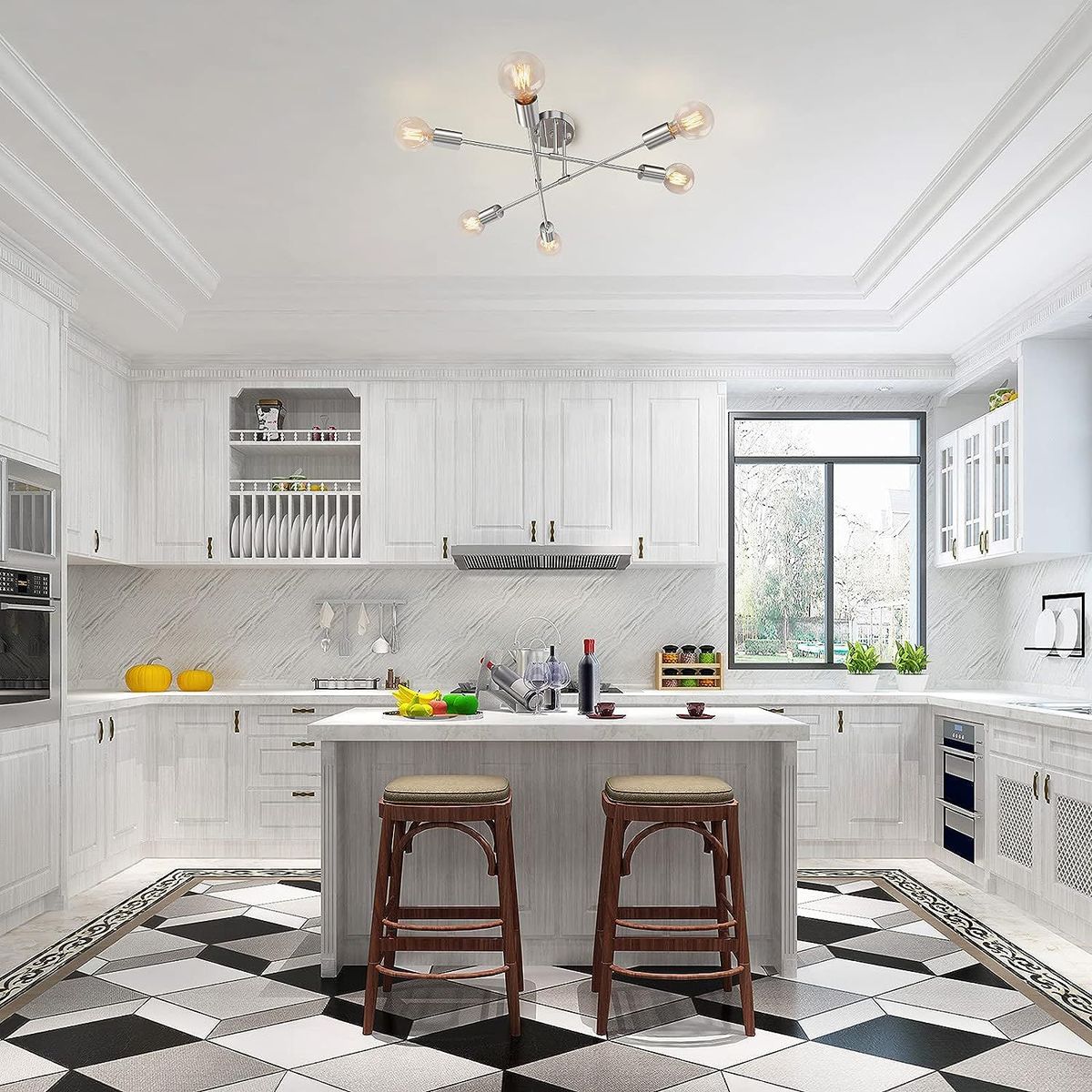 GENERICO - Lámpara colgante de techo araña color plateado - Incluye 6 focos