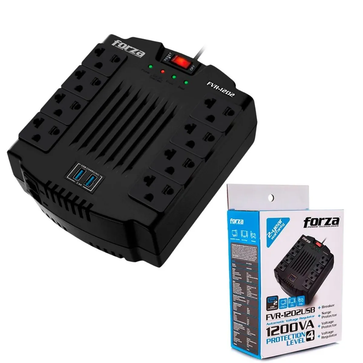 FORZA - Estabilizador De 8 tomas Forza FVR-1202usb 1200VA/600W