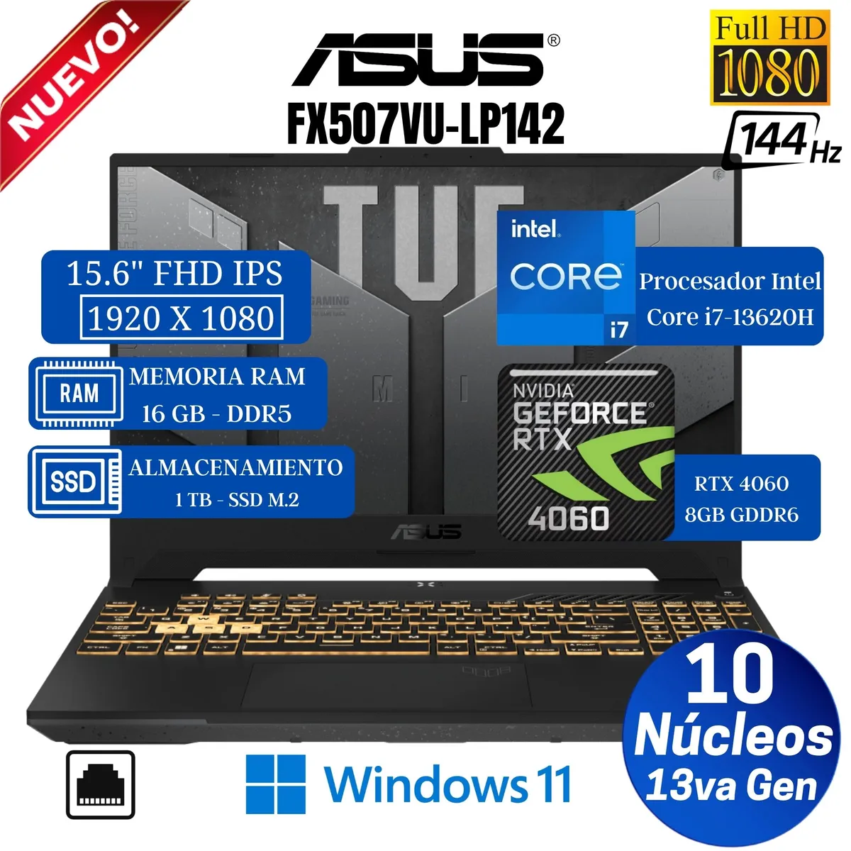 ASUS - Laptop Asus TUF F15 FX507VU-LP142 15.6" FHD, Core i7-13620H, Ram 16GB,SSD 1TB, RTX 4060 8GB, WIN 11