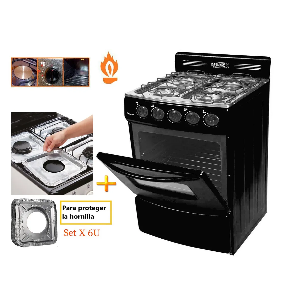 FADIC - Cocina Fadic con respaldar y Horno 20 Sami 4H Negro +Protector