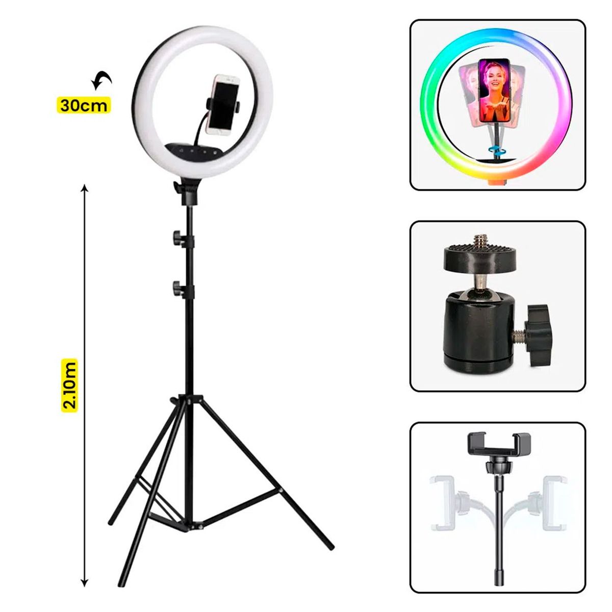 GENERICO - Aro De Luz Rgb 30cm para TikTok Redes Trípode 210cm Cargador