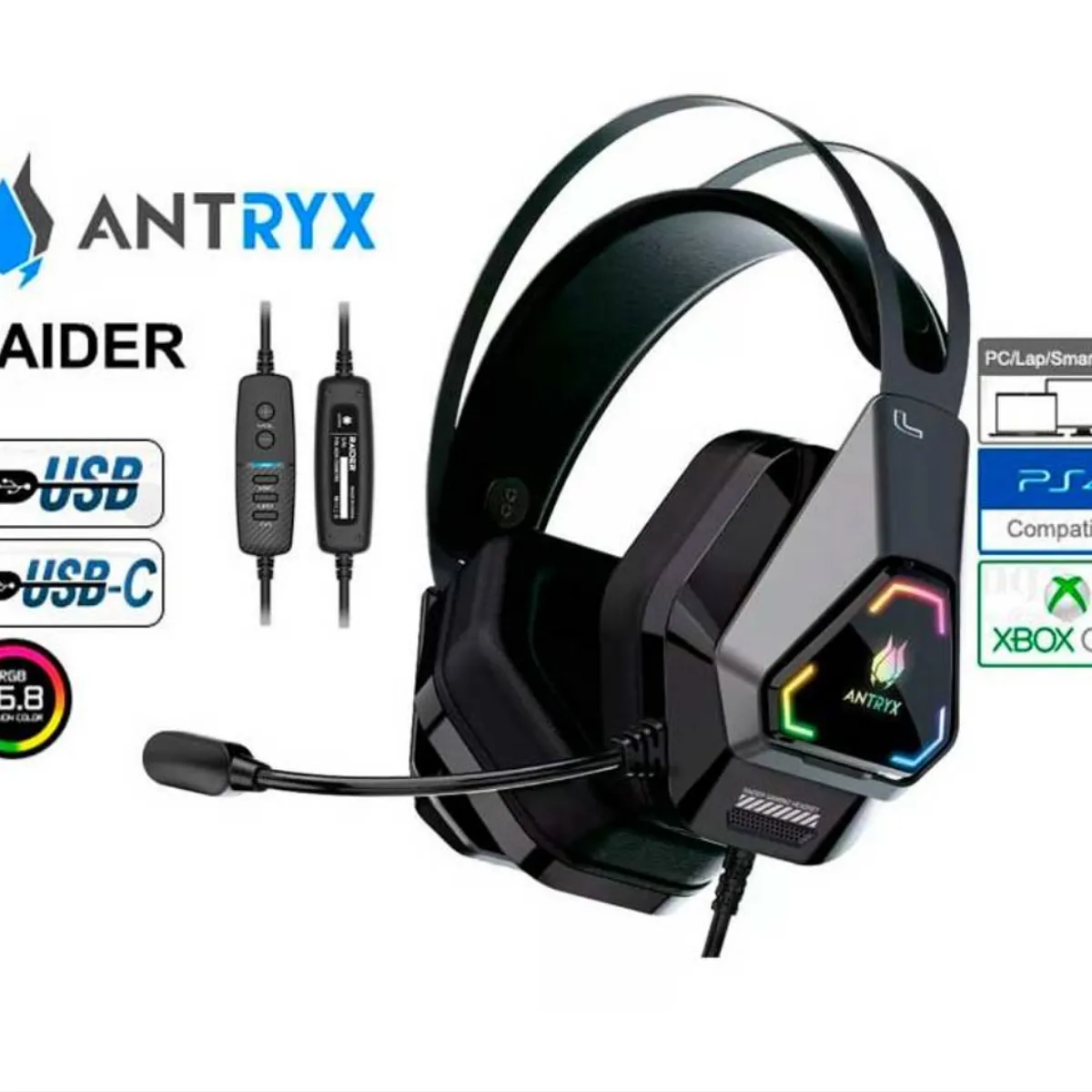 ANTRYX - AUDIFONO GAMER CON MICROFONO ANTRYX RAIDER LUZ RGB 7.1 VIRTUAL NEGRO