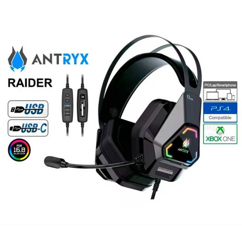 ANTRYX - AUDIFONO GAMER CON MICROFONO ANTRYX RAIDER LUZ RGB 7.1 VIRTUAL NEGRO