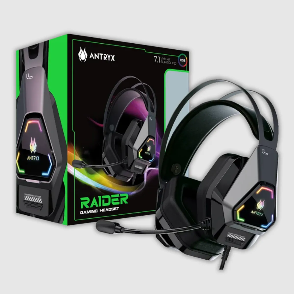 ANTRYX - AUDIFONO GAMER CON MICROFONO ANTRYX RAIDER LUZ RGB 7.1 VIRTUAL NEGRO