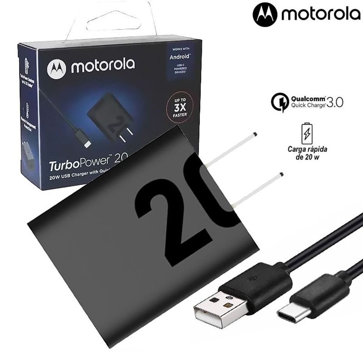 MOTOROLA - Cargador Motorola TurboPower 20W + C/USB-C Fast Charger Q.C 3.0