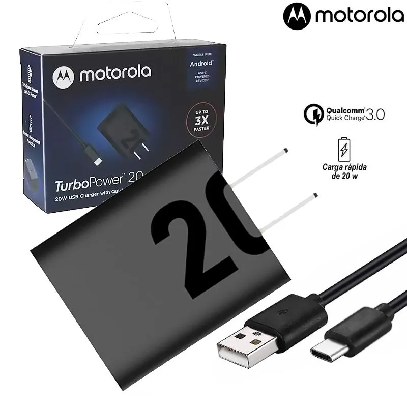 MOTOROLA - Cargador Motorola TurboPower 20W + C/USB-C Fast Charger Q.C 3.0