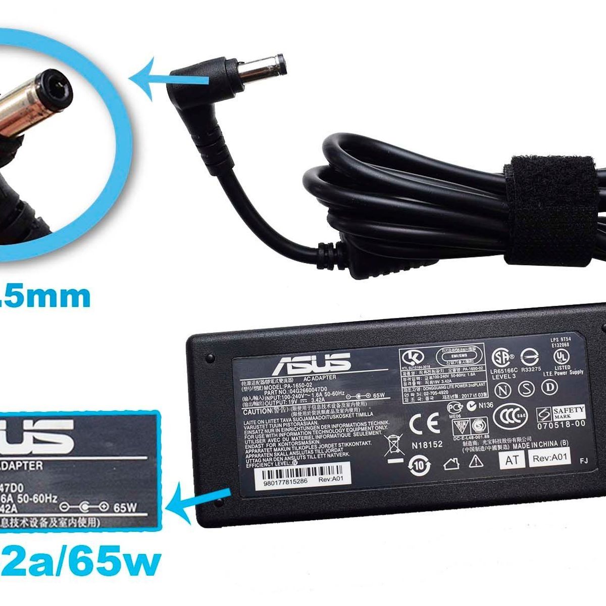 GENERICO - CARGADOR PARA LAPTOP ASUS 19V.  3.42A.  65W.  5.5X2.5 mm.