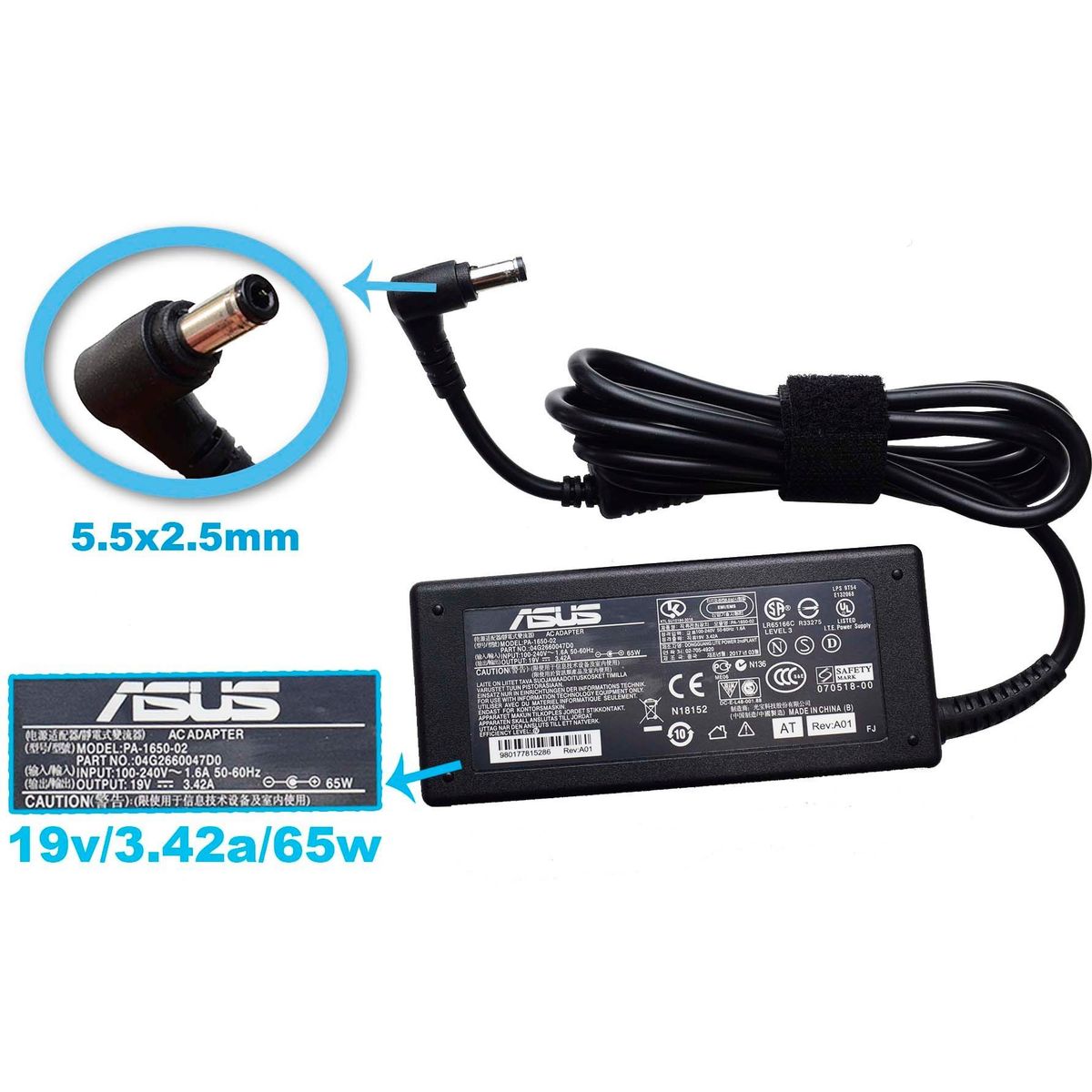 GENERICO - CARGADOR PARA LAPTOP ASUS 19V.  3.42A.  65W.  5.5X2.5 mm.