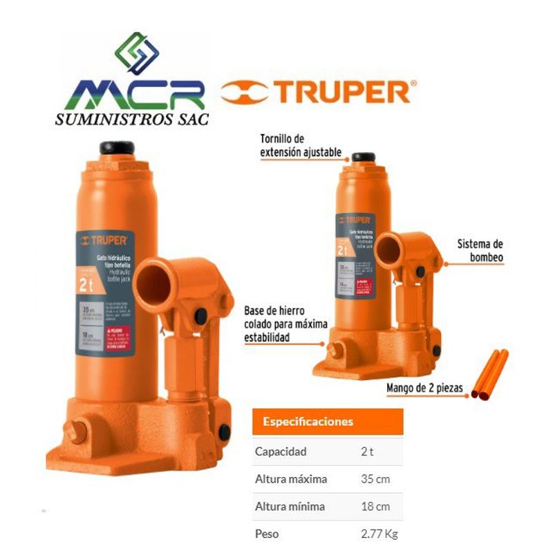 TRUPER - GATA DE BOTELLA HIDRAULICA 2 TONELADA 350/180mm TRUPER