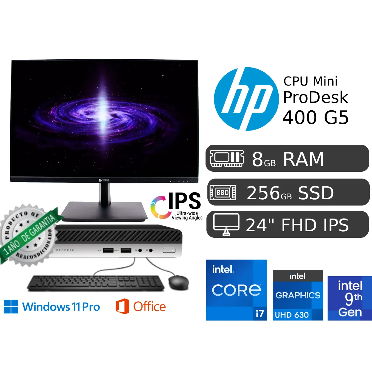 HP - PC MINI HP PRODESK 400 G5 Ci7 9700T 8Gb Ram SSD 256 Reacondicionda + Led 24"