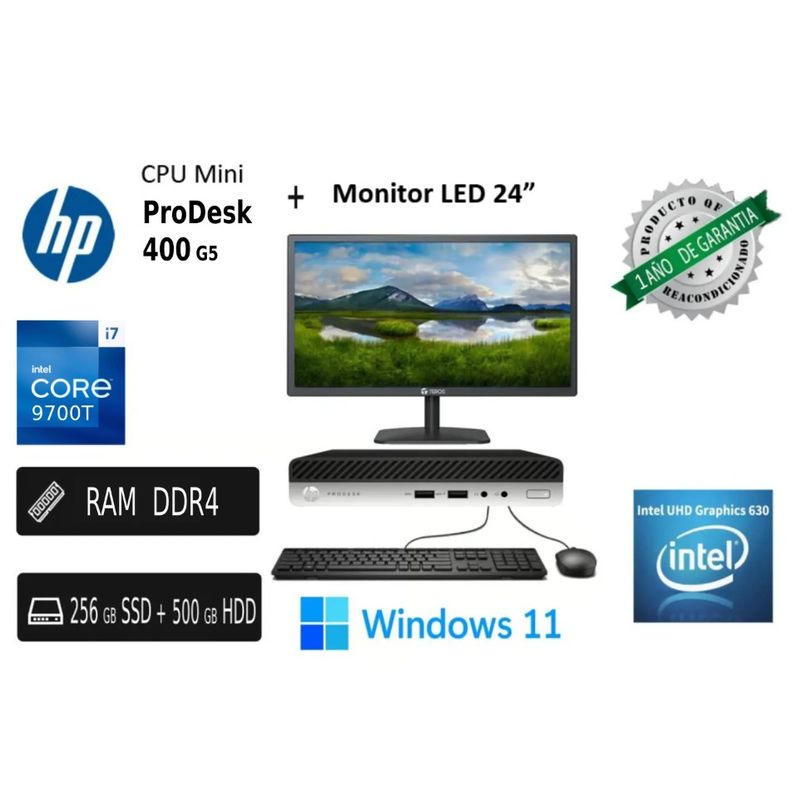 HP - PC MINI HP PRODESK 400 G5 Ci7 9700T 8Gb Ram SSD 256 Reacondicionda + Led 24"