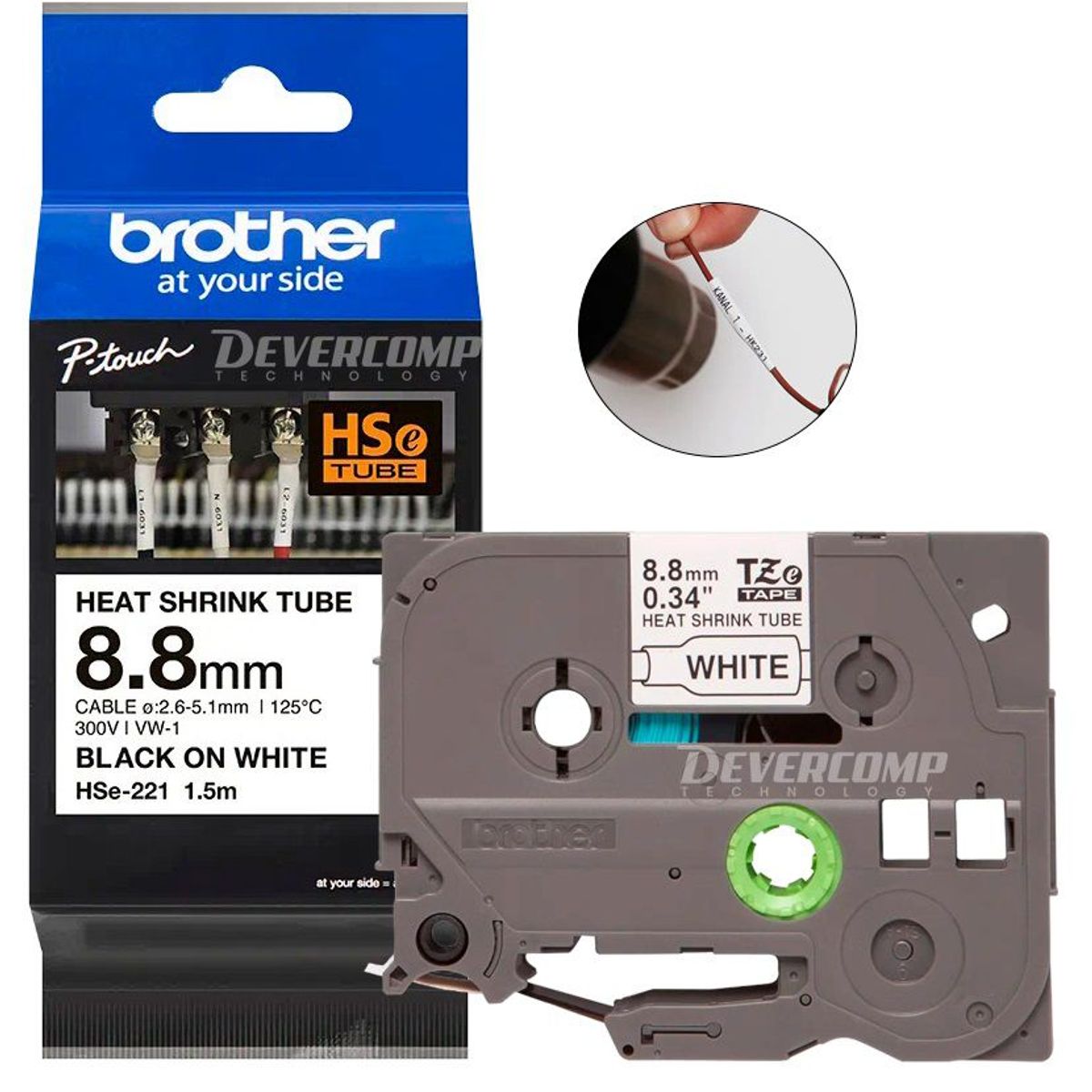 BROTHER - Cinta Brother HSe-221 Termocontraible (8.8mm x 1.5 mts) Blanco/Negro
