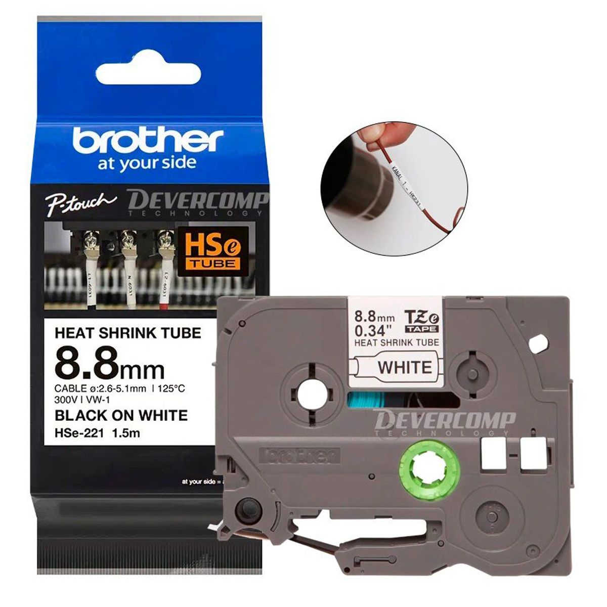 BROTHER - Cinta Brother HSe-221 Termocontraible (8.8mm x 1.5 mts) Blanco/Negro