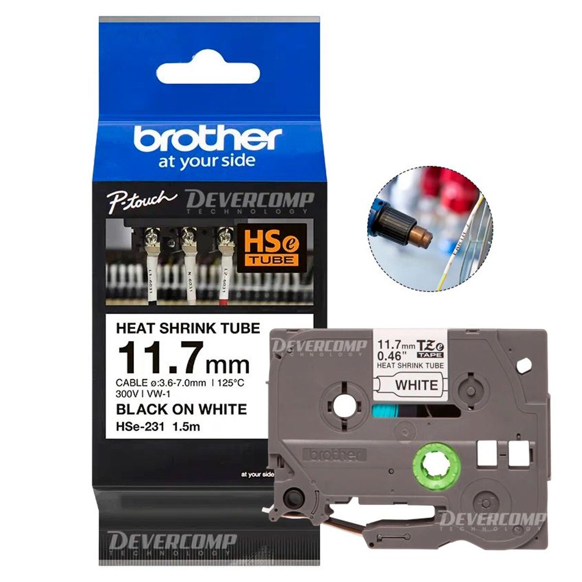 BROTHER - Cinta Brother HSe-231 Termocontraible (11.7mm x 1.5 mts) Blanco/Negro