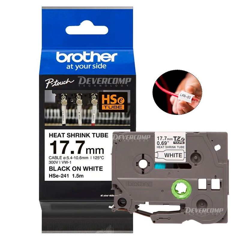 BROTHER - Cinta Brother HSe-241 Termocontraible (17.7mm x 1.5 mts) Blanco/Negro