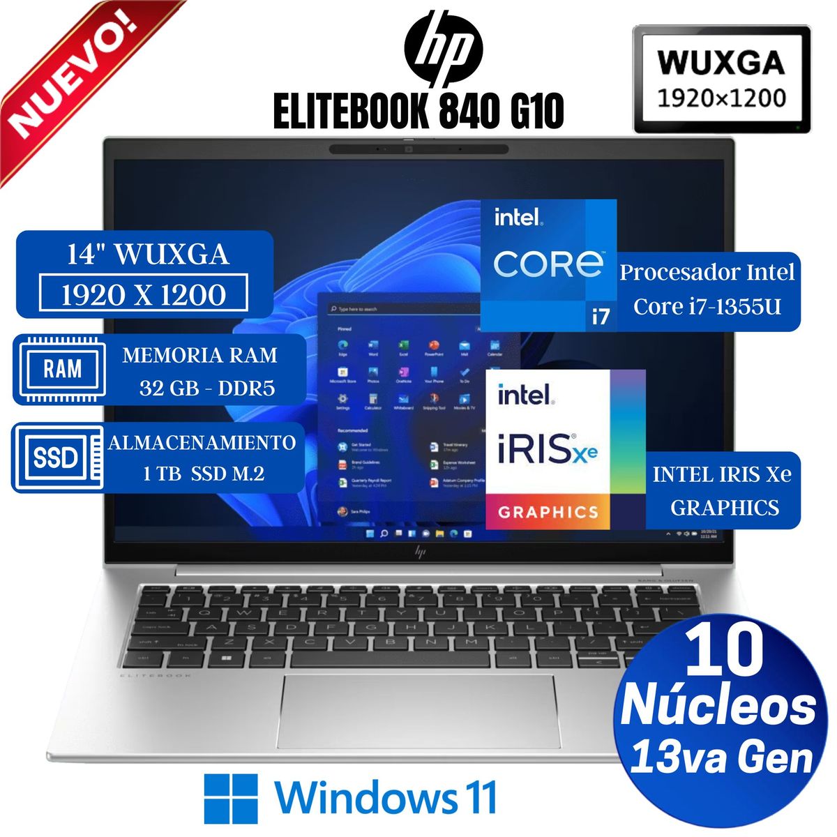 HP - Laptop HP EliteBook 840 G10 14" WUXGA, Core i7-1355U, Ram 32GB, Ssd 1 TB, Win 11 Pro