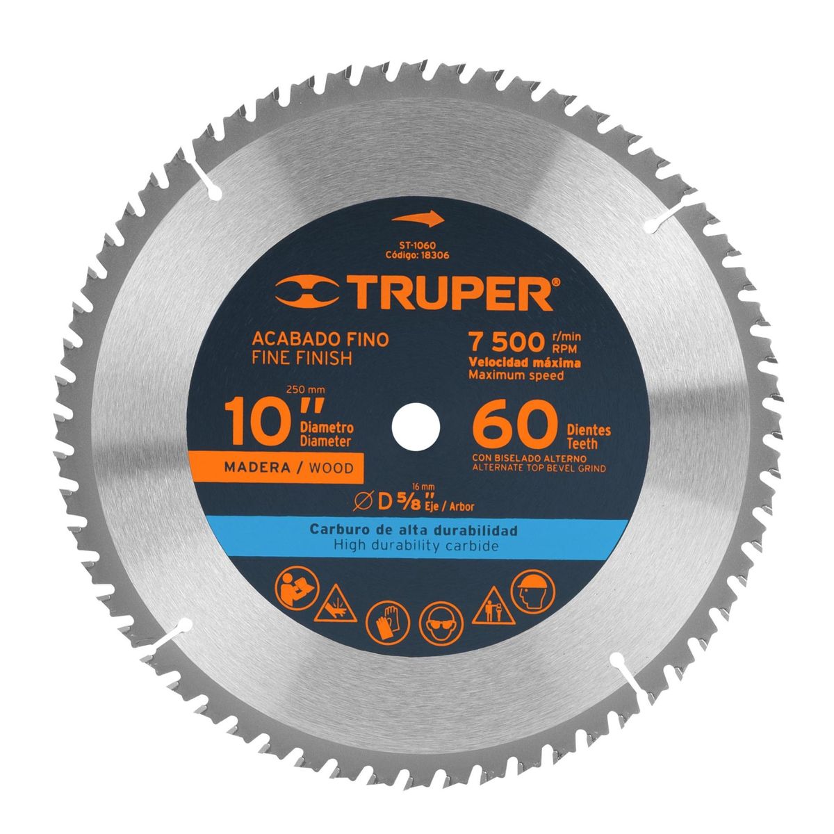 TRUPER - Disco sierra circular, ingleteadora 10"P, 60 dientes centro 5/8"