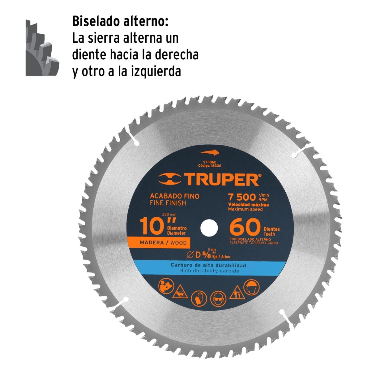 TRUPER - Disco sierra circular, ingleteadora 10"P, 60 dientes centro 5/8"