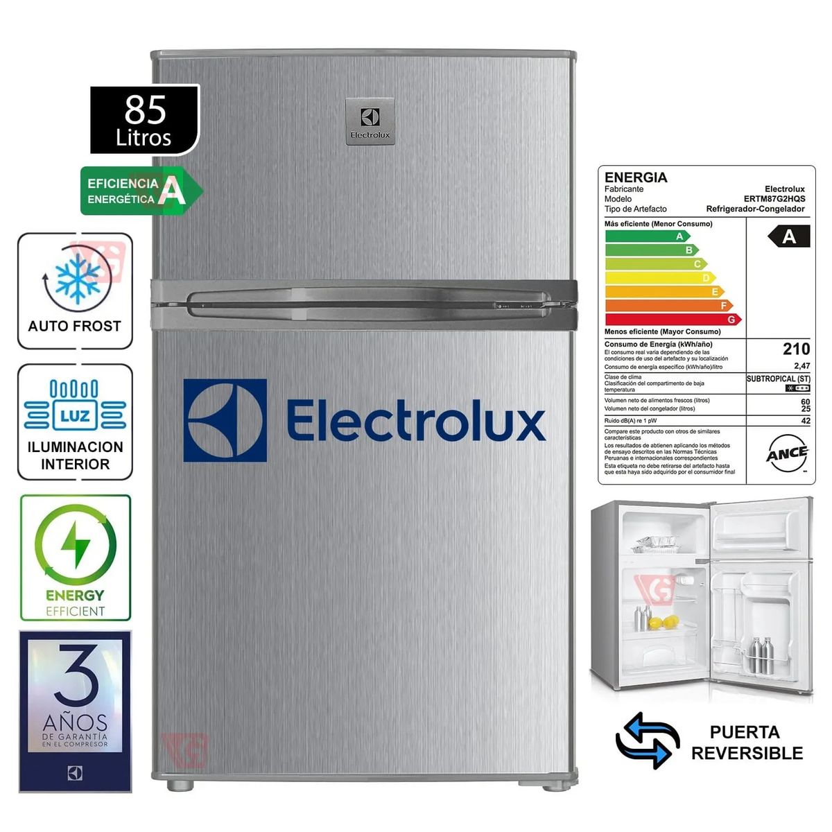 ELECTROLUX - Frigobar 85Lts Doble Puerta ERTM87G2HQS Gris