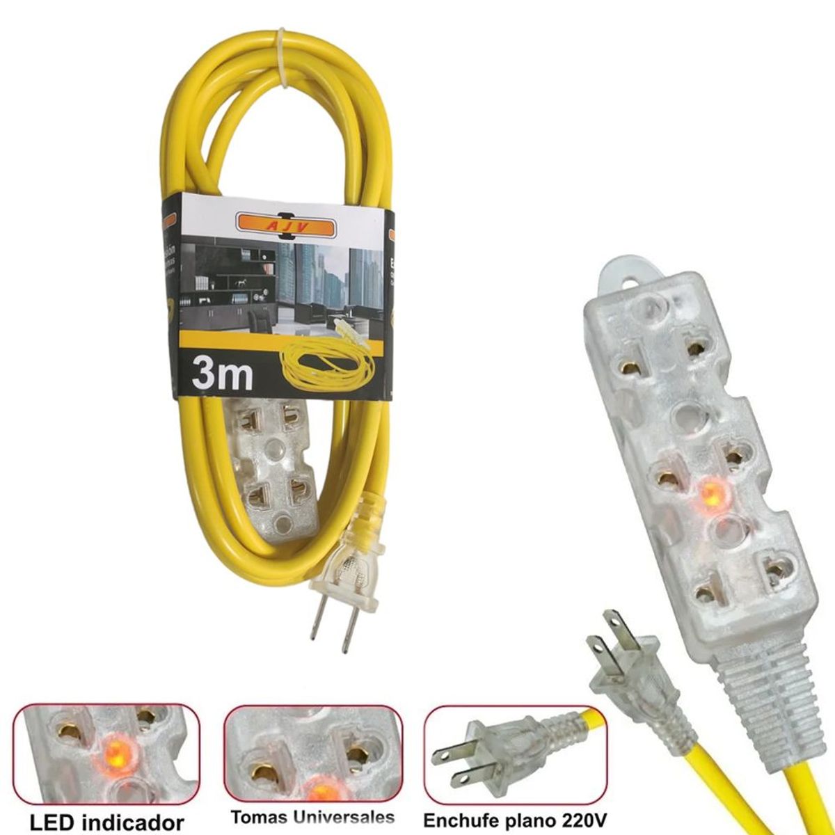 GENERICO - Extensión eléctrica cable vulcanizado de 3 tomas 3 Metros AWG 8