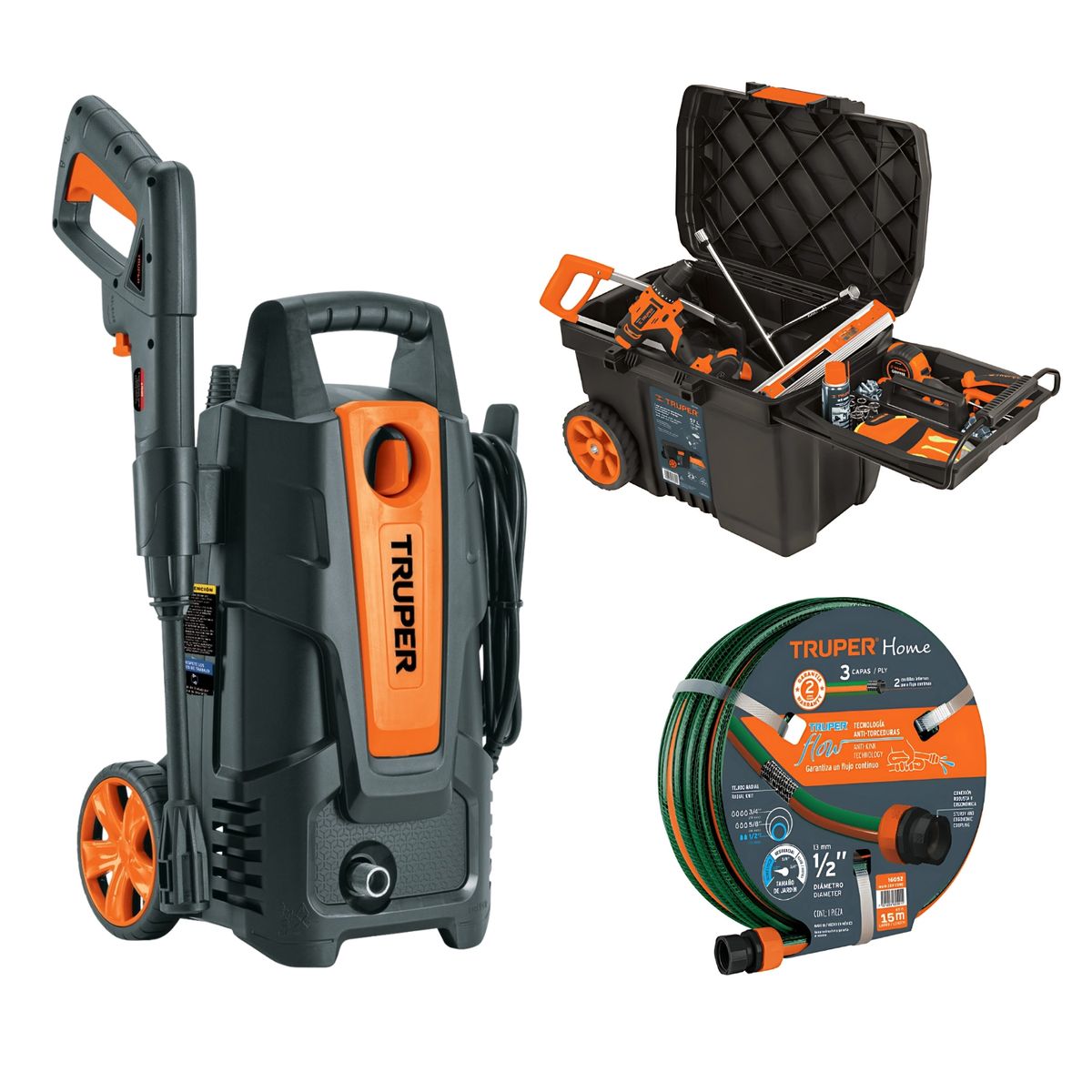 TRUPER - Hidrolavadora manguera 15m con caja de herramientas con ruedas Truper