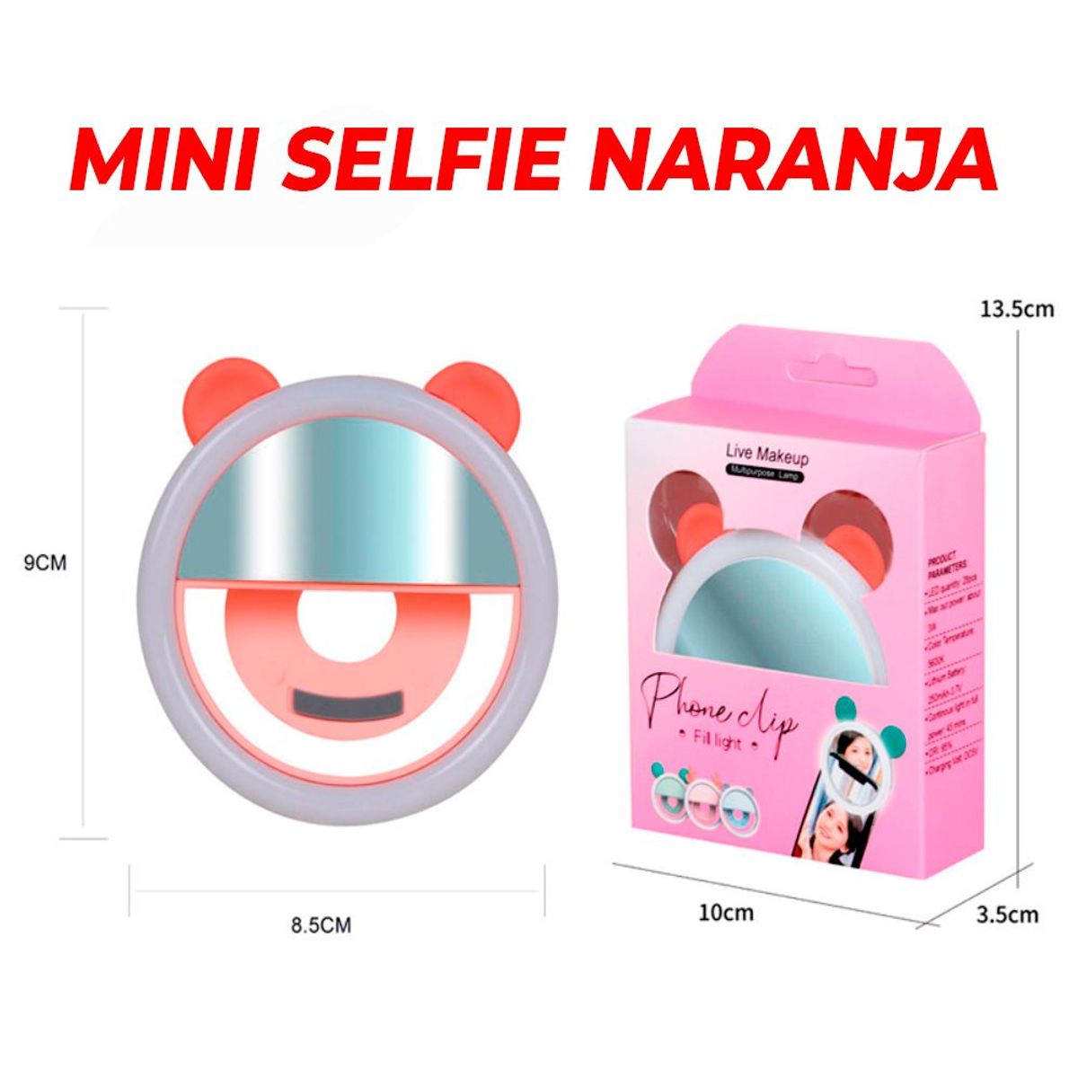 SEISA - Mini Aro Selfie Con Luz Led y Batería Recargable Naranja Para Telefono