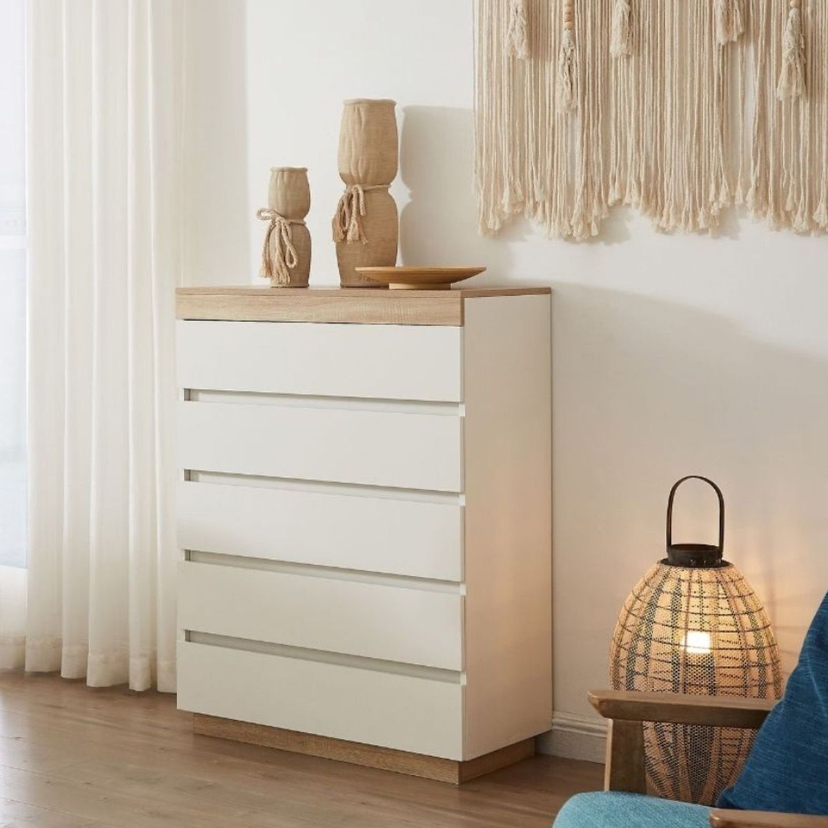 VENTITAS HOME - Cómoda Catriona 5 Cajones Ventitas Perú Blanco y Duna