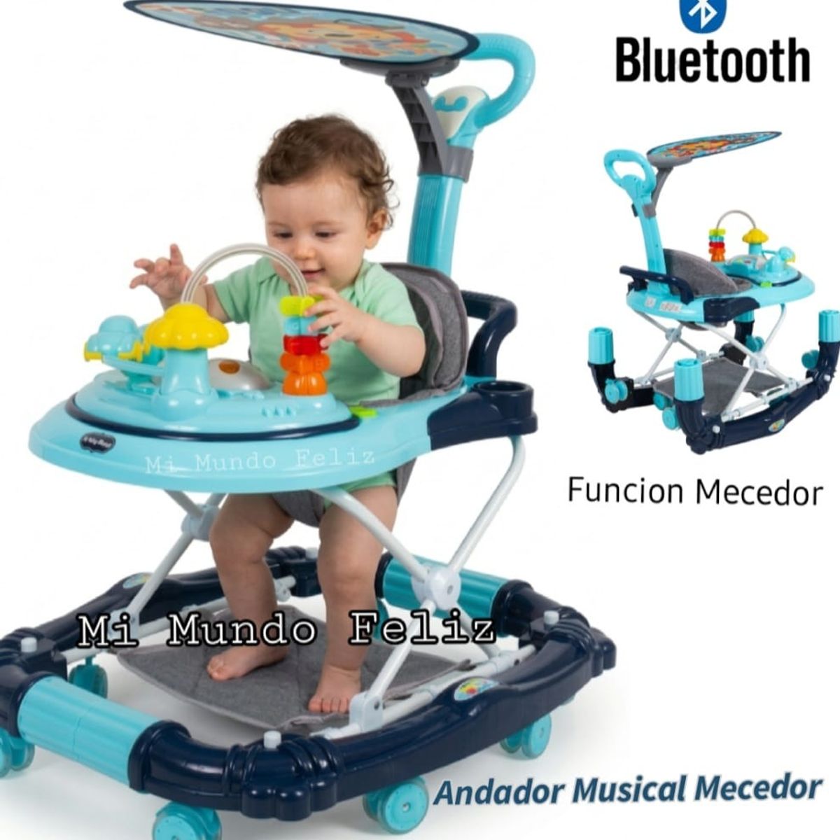 BABY HAPPY - Andador para Bebe Musical Bluetooth con Empujador Azul