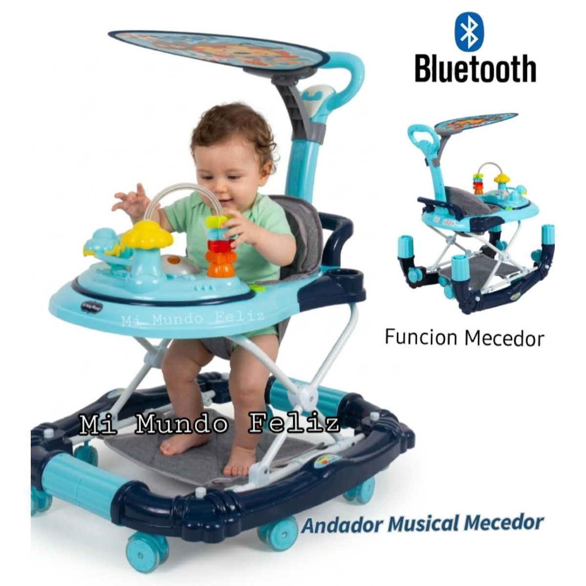 BABY HAPPY - Andador para Bebe Musical Bluetooth con Empujador Azul
