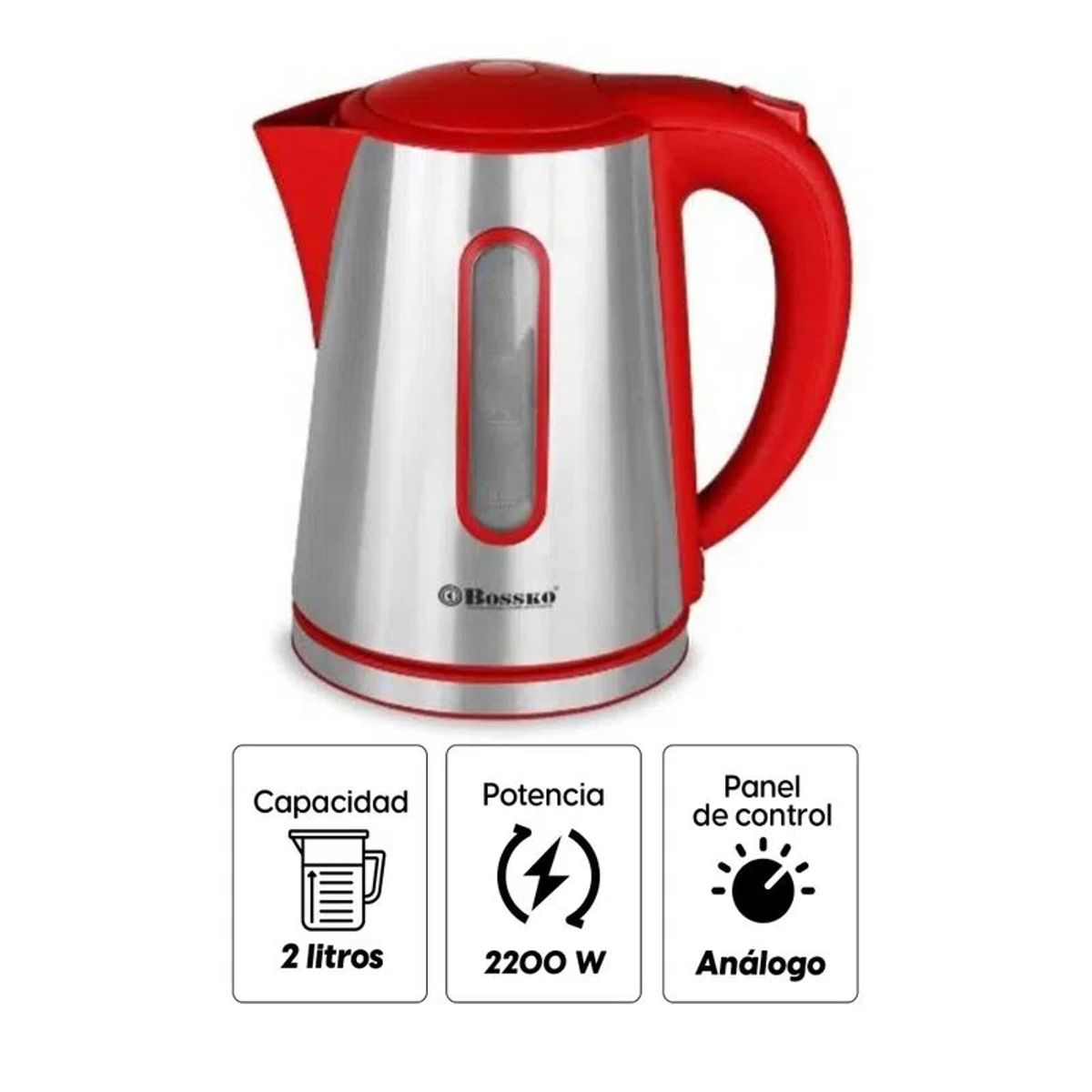 BOSSKO - Hervidor Eléctrico BOSSKO de 2 Litros Rojo BK-208H