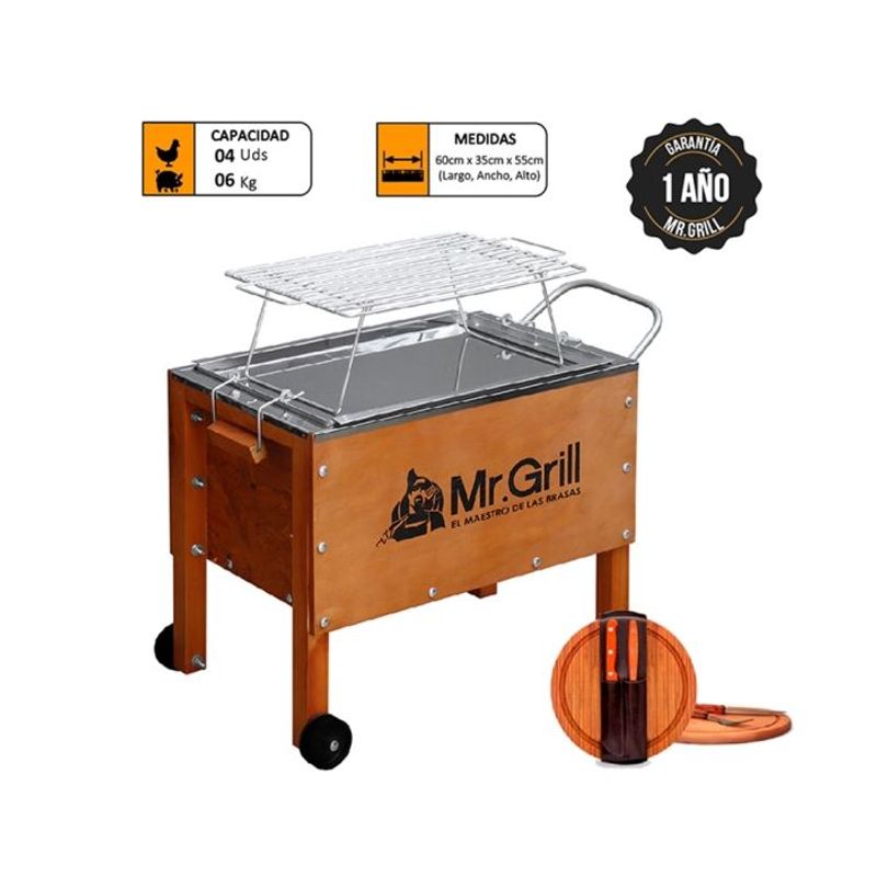 MR GRILL - CAJA CHINA MR GRILL MEDIANA JR + PARRILLA DE VARILLAS + UTENSILIOS BBQ