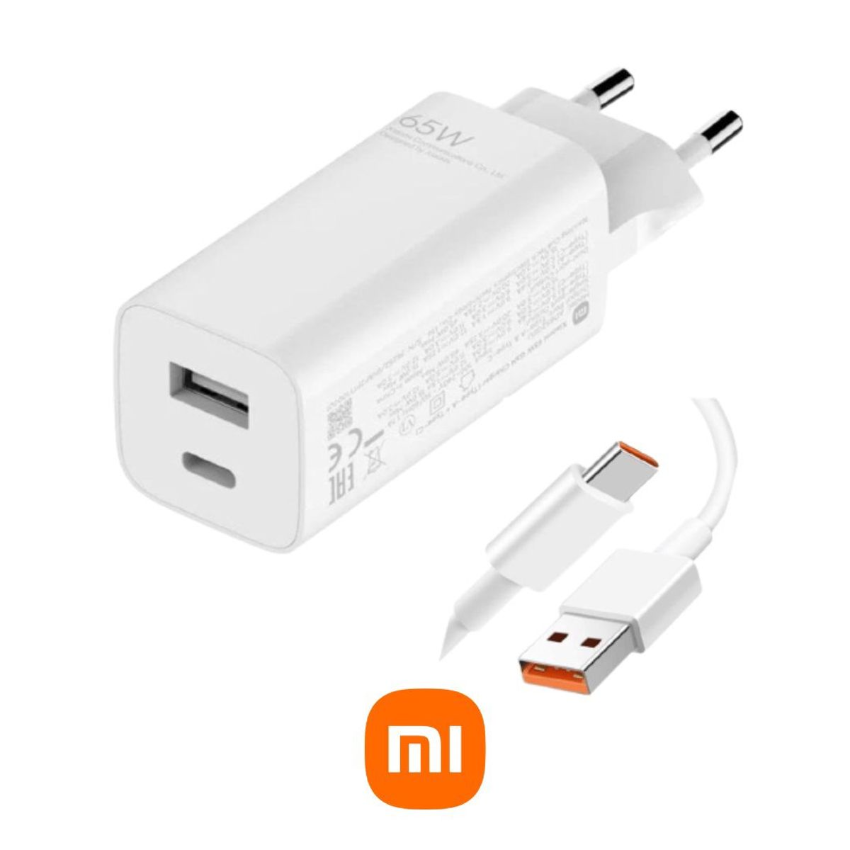 XIAOMI - Cargador Xiaomi 65W Turbo Chargue  + Cable USB A - USB C  - Blanco