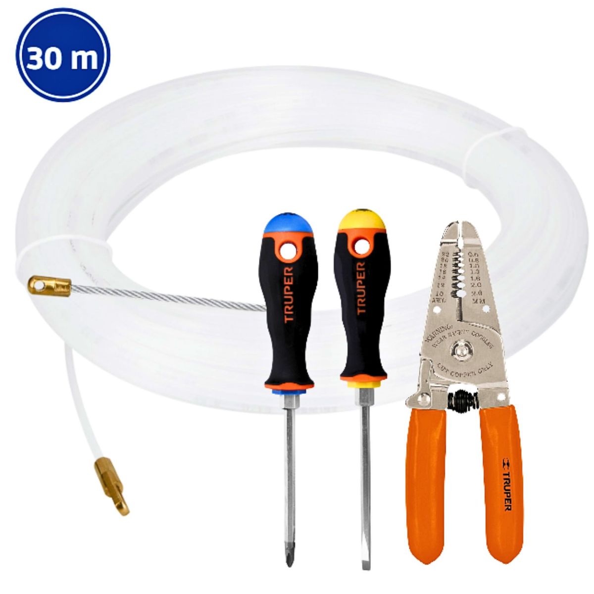 TRUPER - Kit wincha pasacable 30M, 2 desarmadores, pelacables, truper